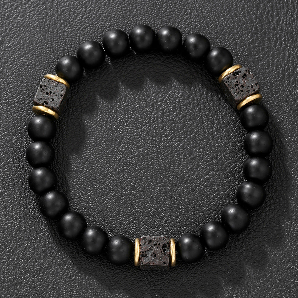 Matte Black Geometric Round Volcanic Stone and Glass Beaded Bracelet for Men and Women