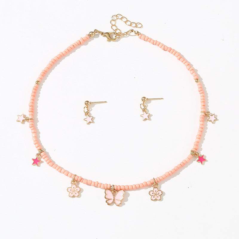 Bohemian Pink Beaded Butterfly Shell Pendant Necklace Set for Children Handmade Jewelry