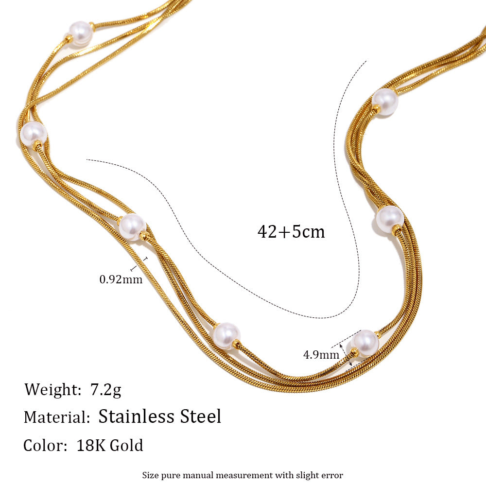 Minimalist Elegant Geometric Stainless Steel Gold Plated Imitation Pearl Necklace with Triple Layer Fine Snake Chain for Women