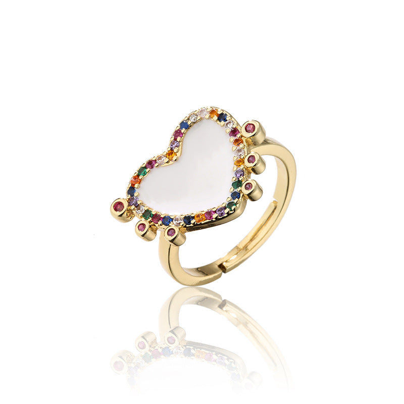 Colorful Drip Oil Heart Geometric Brass Ring with Micro-inlaid Cubic Zirconia for Women