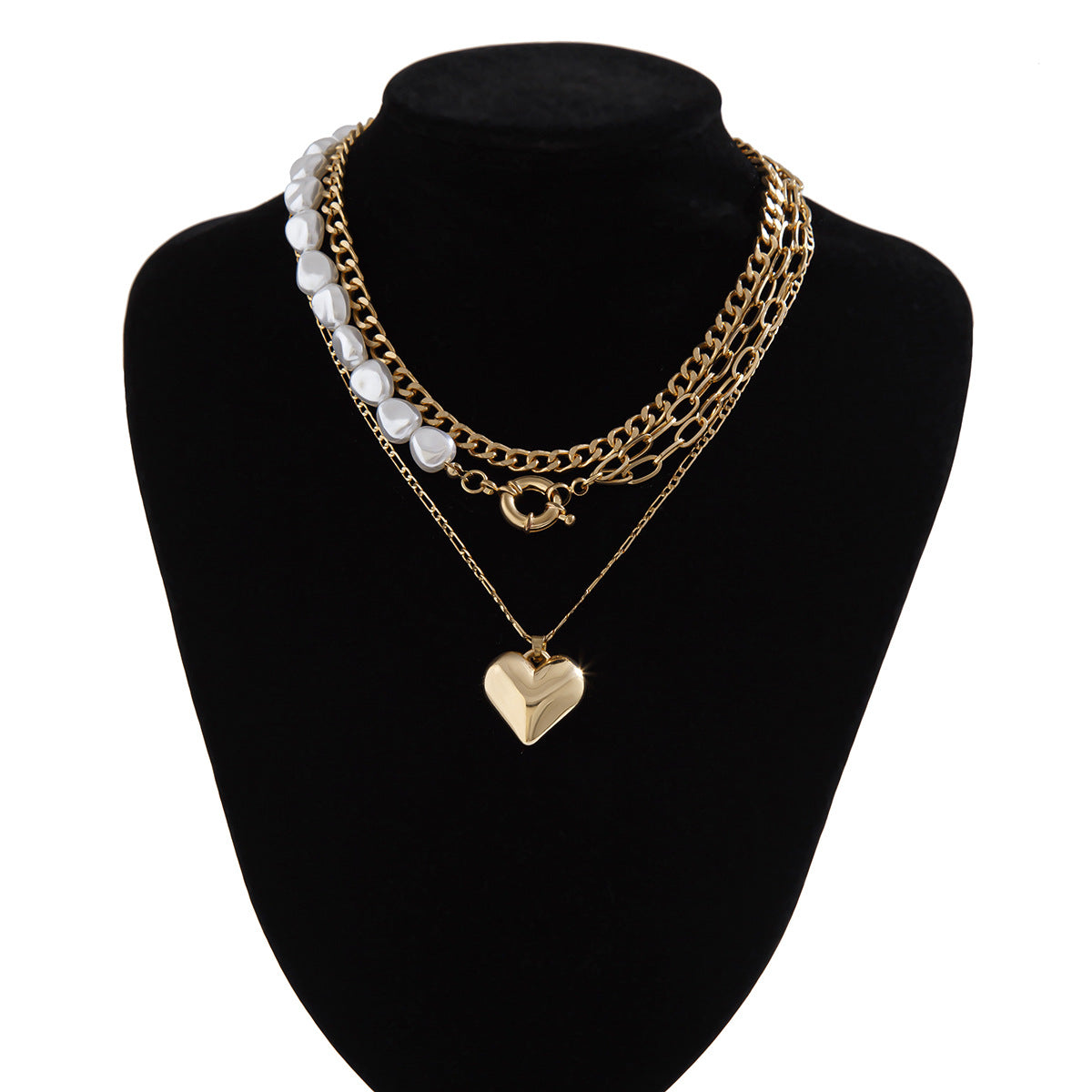 Sweet and Edgy Asymmetrical Heart Pendant Necklace in Alloy with Electroplated Finish on Multi-Layer Cross Chain for Women
