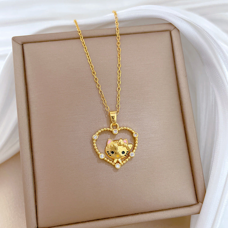 Minimalist Sweet Geometric Cat Rhinestone Pendant Titanium Steel Necklace for Unisex