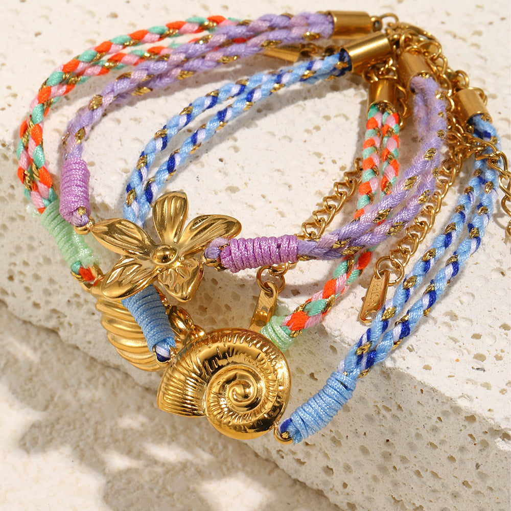 Minimalist Geometric Seashell and Floral Bracelet for Women with Stainless Steel 18K Gold Plated Accents and Cotton Cord