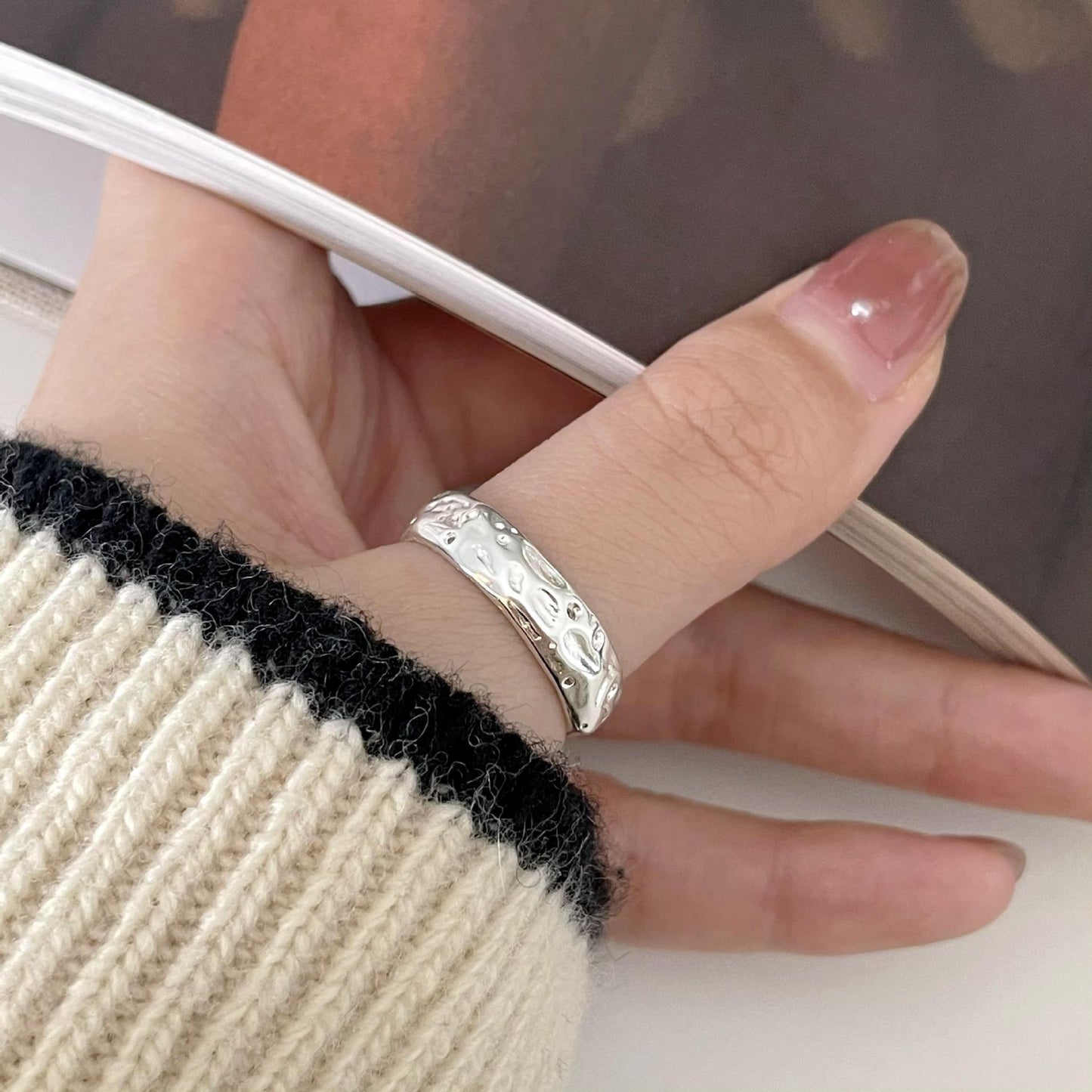 Minimalist Sweet 925 Sterling Silver Textured Heart Geometric Ring for Women