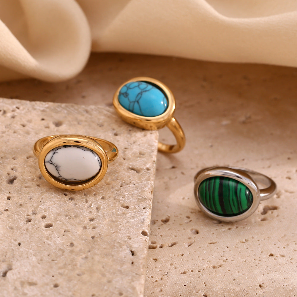 Anello geometrico in acciaio inossidabile stile vintage placcato oro 18 carati con intarsio in pietra naturale da donna