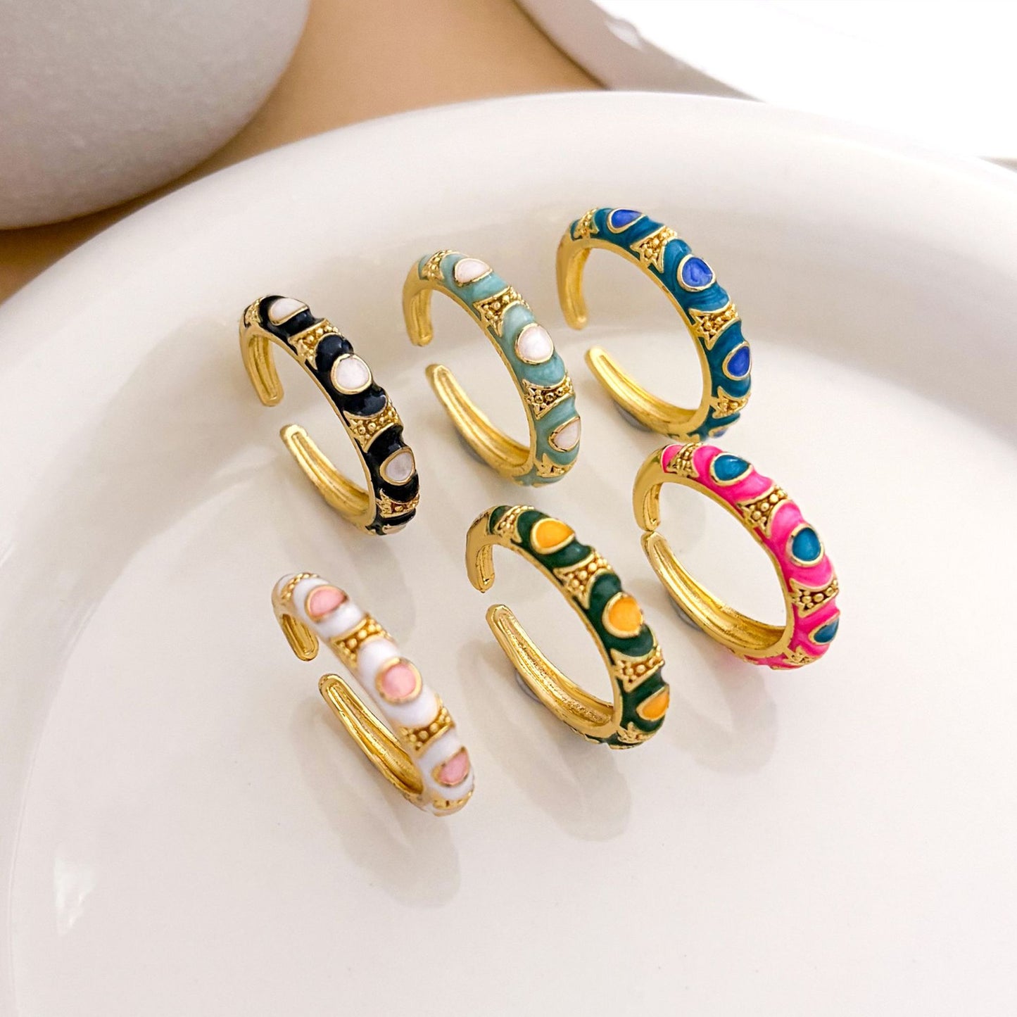 Sweet Minimalist Round Brass Ring with Enamel Evil Eye and Cubic Zirconia Inlay, Gold Plated Adjustable Band for Women