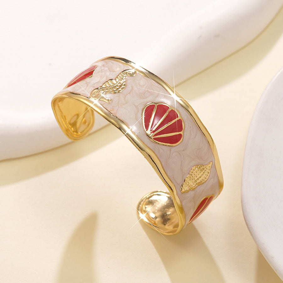 Round Drip Oil Stainless Steel Cuff Bracelet with Shell Conch Ocean Theme