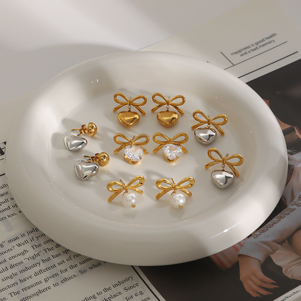 Elegant Heart Bow Stainless Steel Stud Earrings with Cubic Zirconia Plated Finish for Women