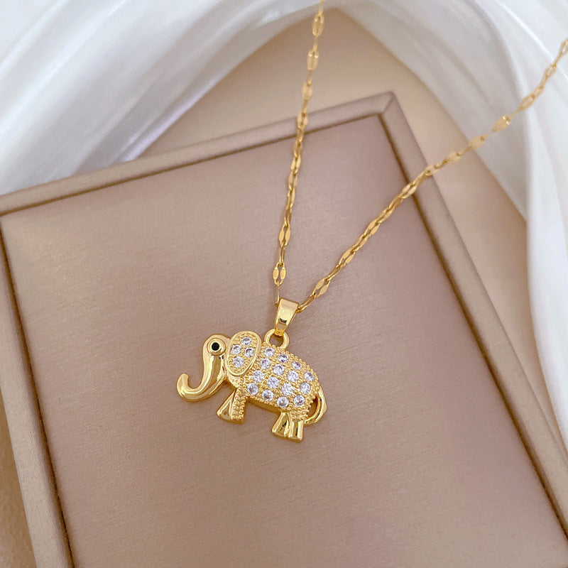 Collar con Colgante de Elefante Minimalista de Acero de Titanio con Incrustaciones de Pedrería para Mujer y Hombre, Cadena de Eslabones Ajustable