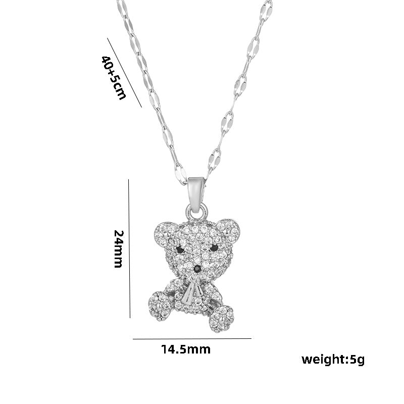Collar minimalista de oso con micropavé de acero de titanio para mujer con cadena de bambú