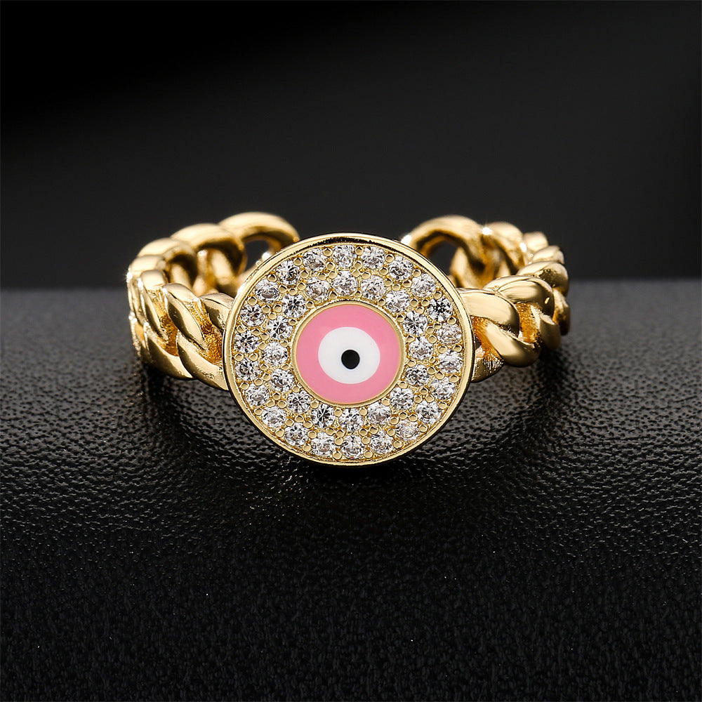 Anello Minimalista Geometrico Aperto da Motociclista in Rame con Occhio di Allah in Smalto e Intarsio di Zirconi