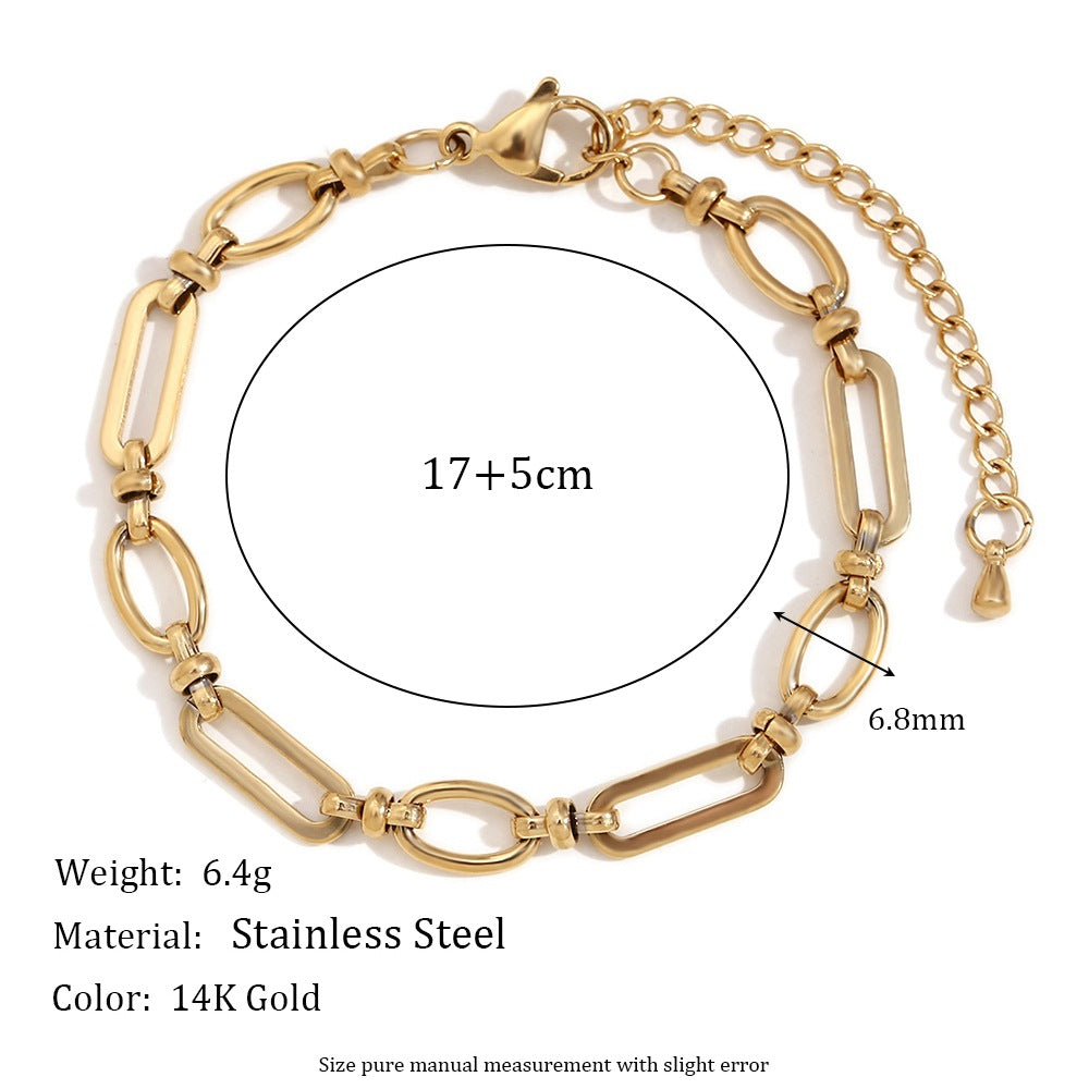 Minimalist Geometric Stainless Steel Plated 14K Gold Large O-Shape Link Bracelet for Women