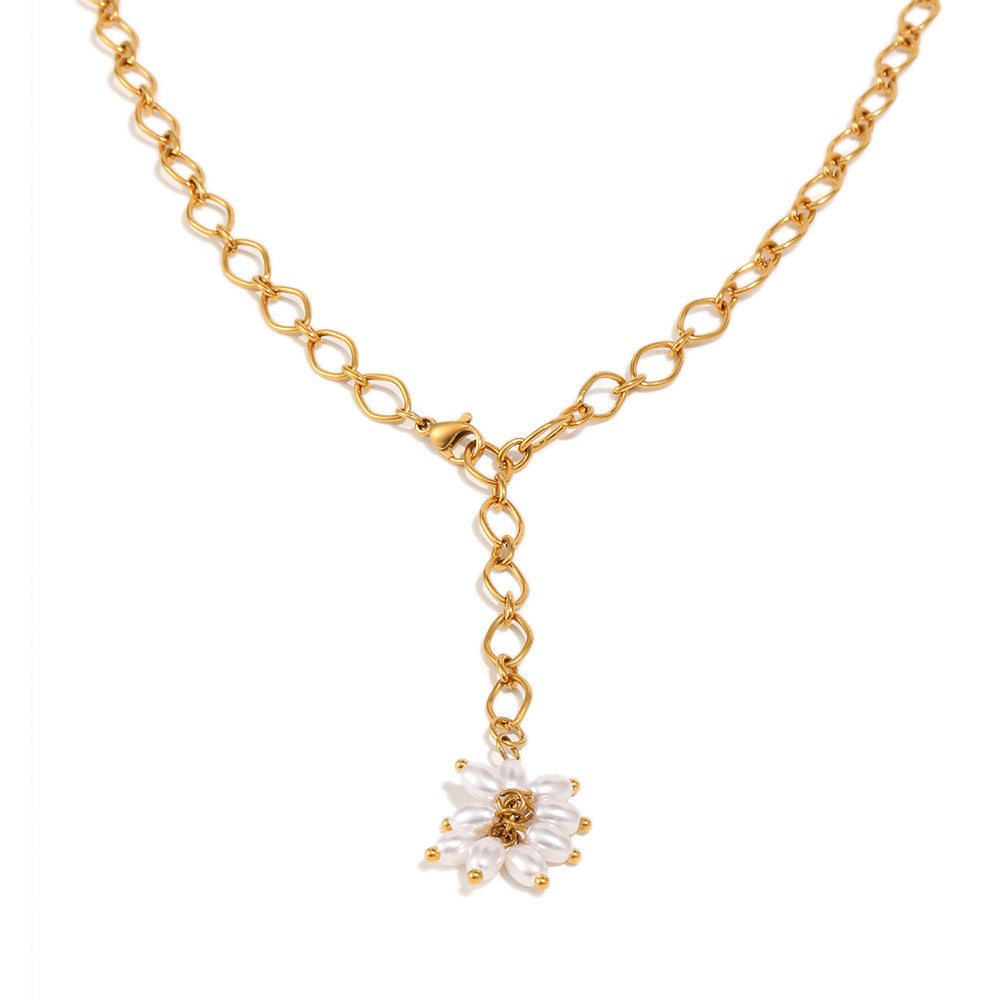 Luxury Elegant Geometric Floral 18K Gold Plated Stainless Steel Necklace with Imitation Pearl Tassel