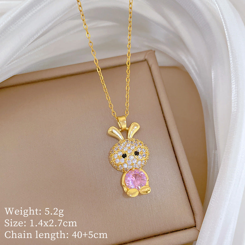 Sweet Cartoon Animal Micro-Inlaid Cubic Zirconia Brass Pendant Titanium Steel Necklace for Unisex