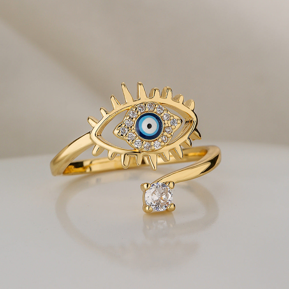 Minimalist Evil Eye Ring for Women Made of Copper with Micro-Pave Zirconia and Enamel Finish