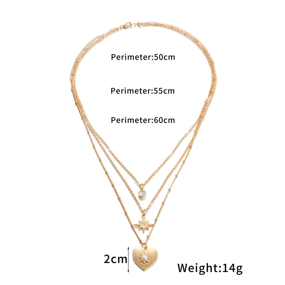 Fashion Gold Plated Alloy Multi-Layer Snake Chain Necklace with Heart and Star Pendants for Women