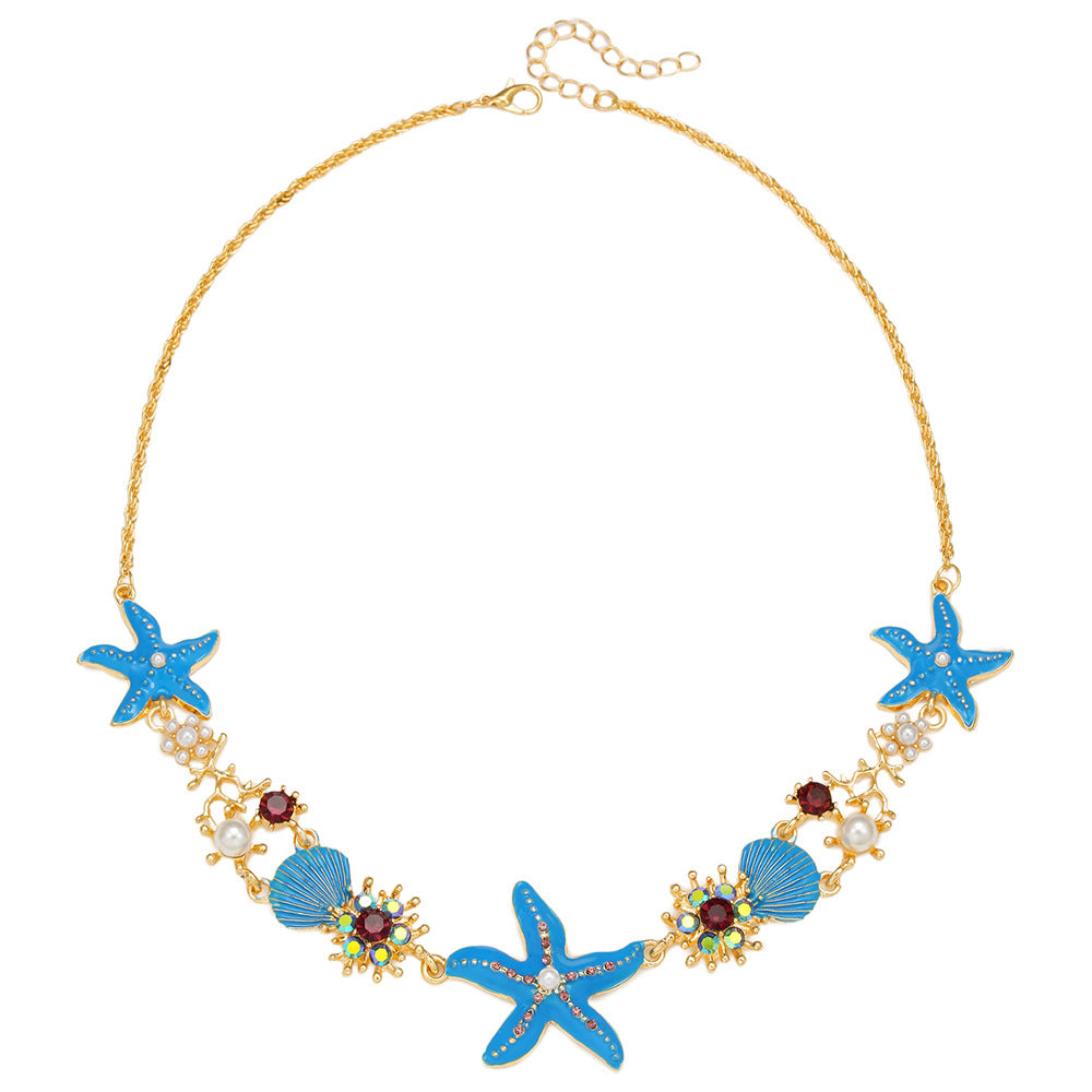 Sweet Colorful Drip Oil Alloy Starfish Shell Pearl Pendant Necklace for Women