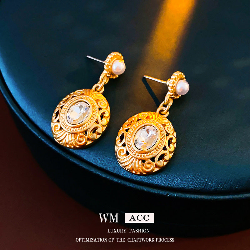 Orecchini a Perno in Perla Stile Vintage con Intarsio di Strass, Design Geometrico Rotondo e Ovale per Donne