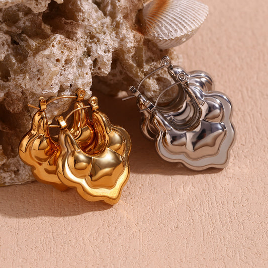 Pendientes de Acero Inoxidable de Doble Capa Huecos con Forma de Flor de Loto Minimalistas y a la Moda, con Baño de Oro de 18K para Mujer