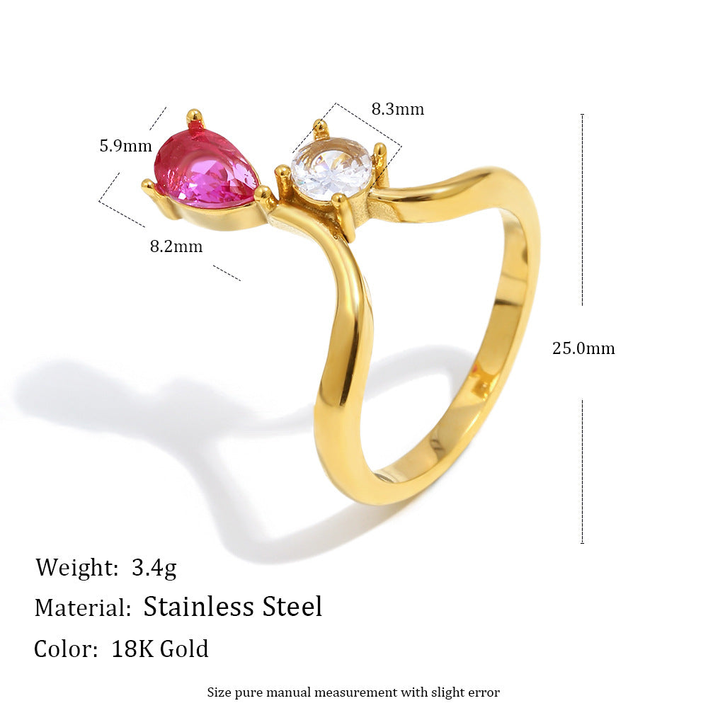Anillo minimalista de acero inoxidable con chapa de oro de 18k, diseño geométrico y circonitas en forma de lágrima
