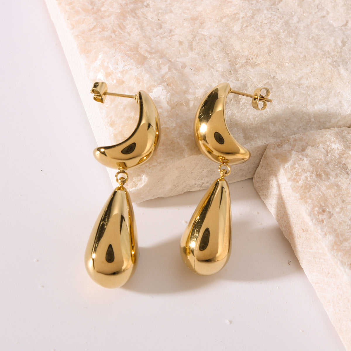 Minimalist Double-Layer Hollow Teardrop-Shaped Stainless Steel Earrings with 18K Gold Plating for Women