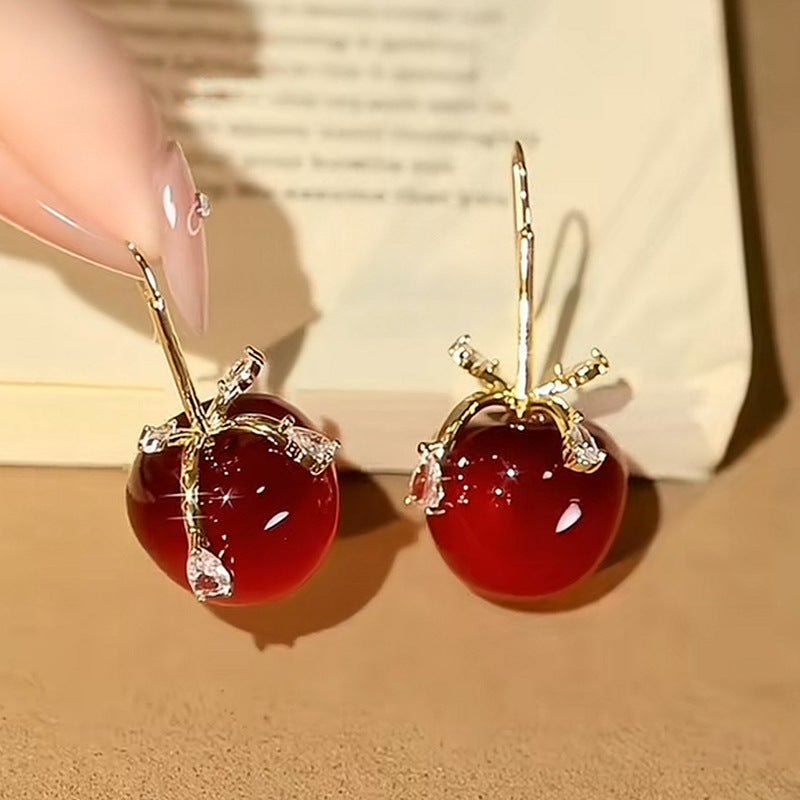 Chic Apple Bow Resin Earrings with Zircon Inlay for Women Lightweight Everyday Fashion Ear Hooks