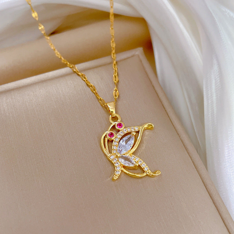 Minimalist Butterfly Pendant Necklace for Women in Titanium Steel with Rhinestone Inlay and Plated Finish, Delicate Clavicle Chain