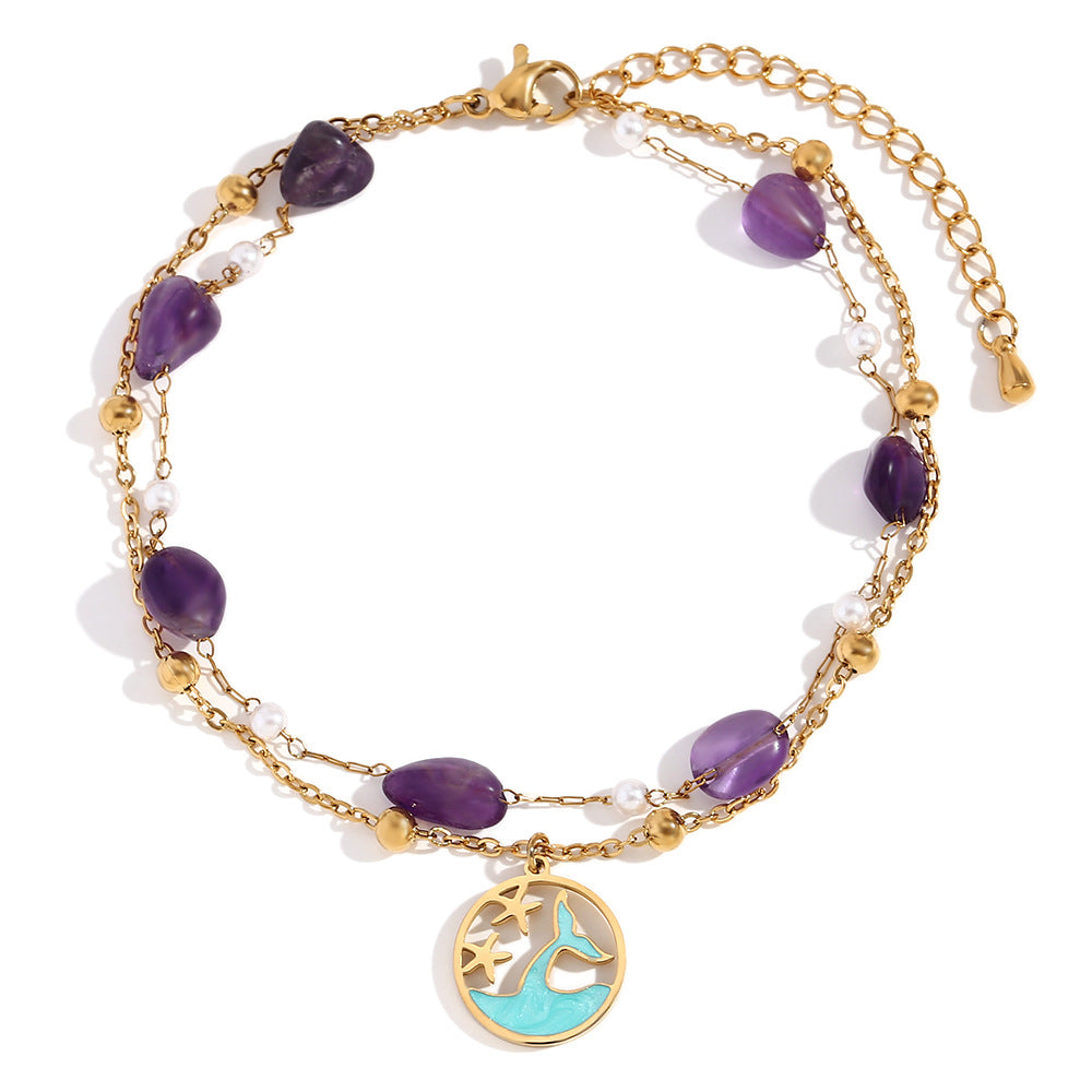 Minimalist Round Anklet for Women Made of Stainless Steel with 18K Gold Plating and Natural Stone Accents