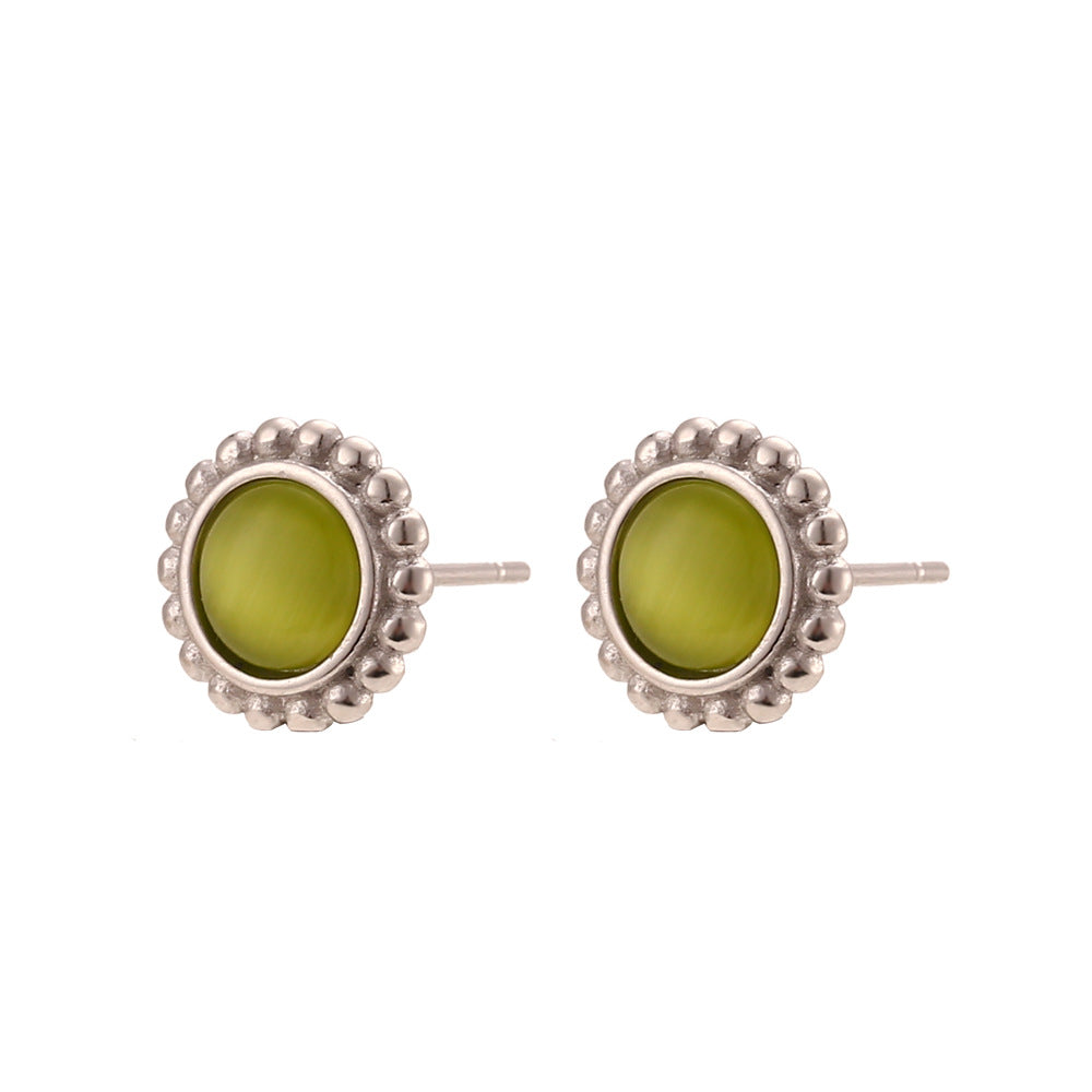 Vintage-Inspired Geometric Stainless Steel Earrings with 18K Gold Plating and Natural Sunstone Cat's Eye Accents for Women
