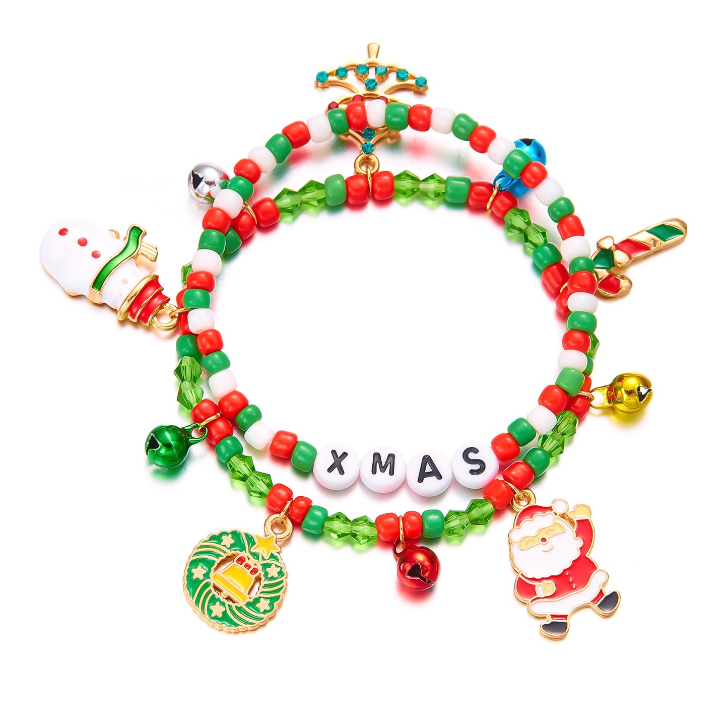 Juego de pulseras elásticas Fashion-Commuter con cuentas de arcilla polimérica con dijes de Papá Noel, copos de nieve y renos para mujer