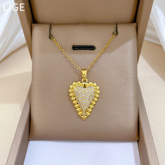 Sweet Minimalist Heart Geometric Titanium Steel Necklace with Cubic Zirconia Brass Pendant for Unisex