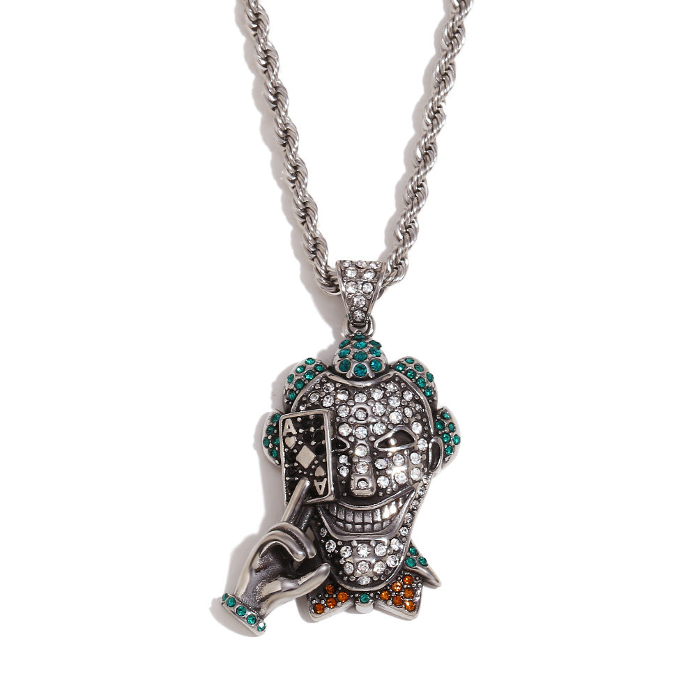 Vintage Geometric Stainless Steel Gold Plated Rhinestone Pendant Rope Chain Necklace for Men