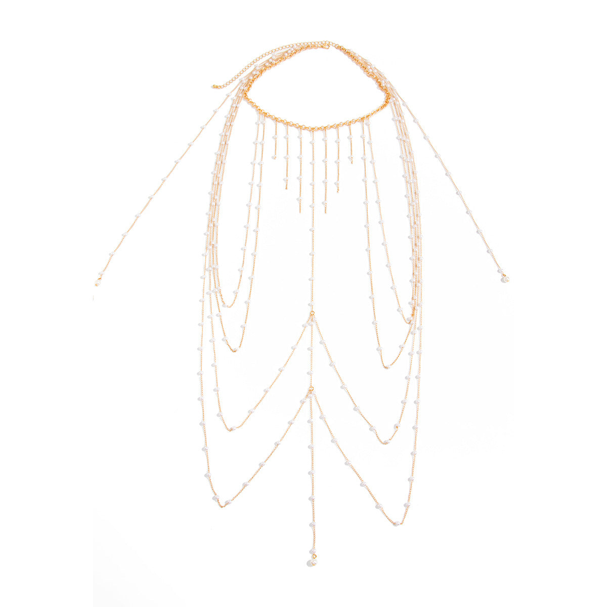 Elegant Multi-Layer Pearl Tassel Body Chain Brass Polished Round Ball Chain Bikini Neck Chest Jewelry for Women