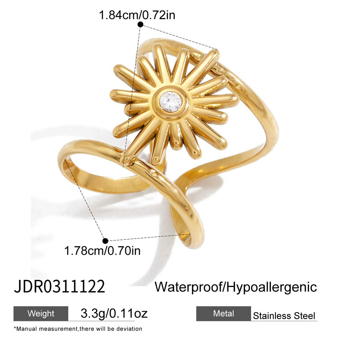 Fashion Geometric Sun 18K Gold Plated Stainless Steel Ring for Women