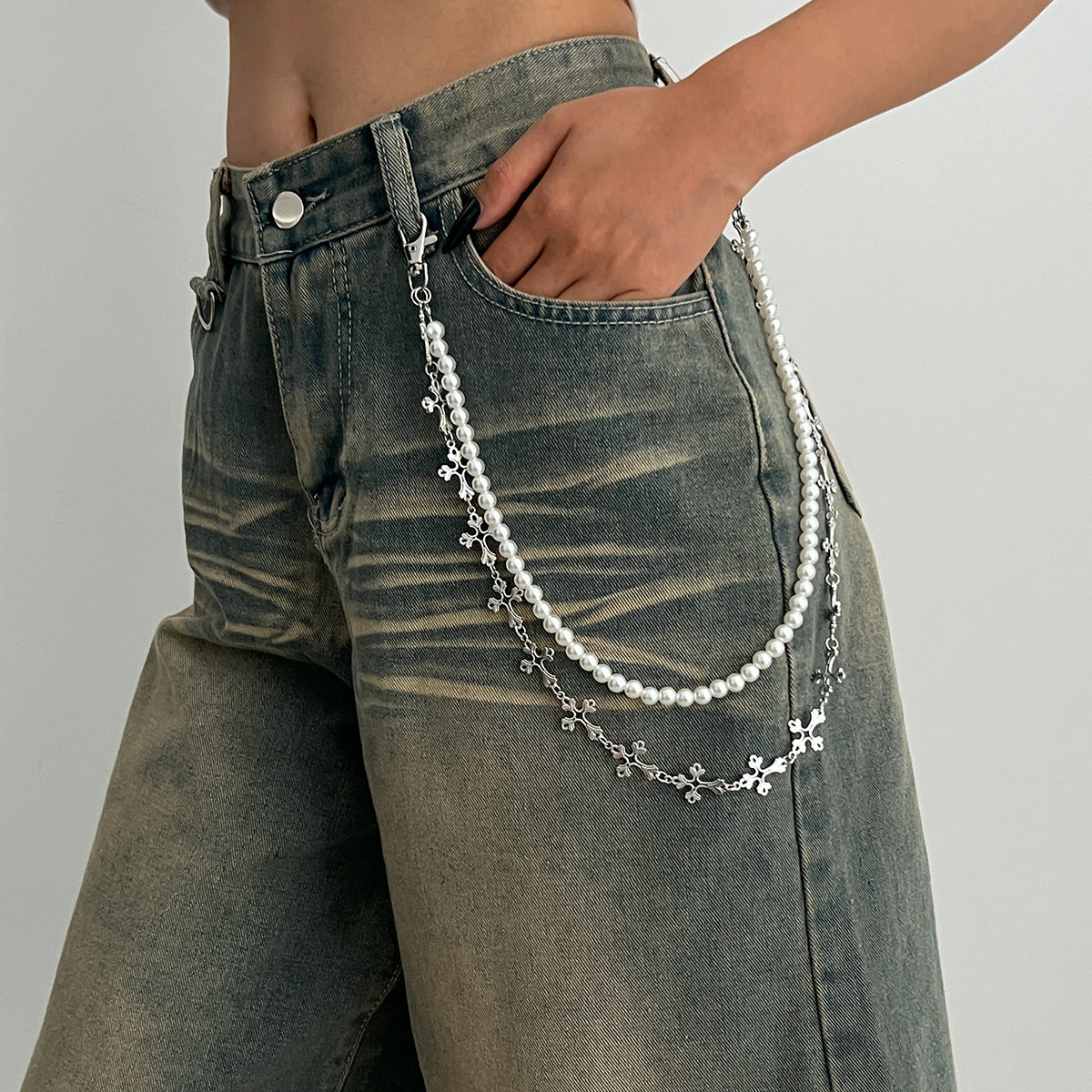 Sweet and Cool Style Cross Pendant Waist Chain for Women with Polished Metal Beads Multi-Layer Belt Jewelry