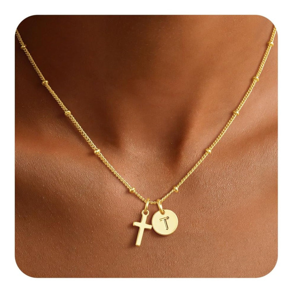 Luxury Elegant Stainless Steel Plated Cross Letter Pendant Necklace Ball Chain Women's Jewelry
