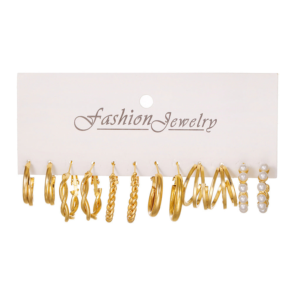 Minimalist Elegant Round Geometric Alloy Plated Rope Chain C-Hoop Earrings with Pearl