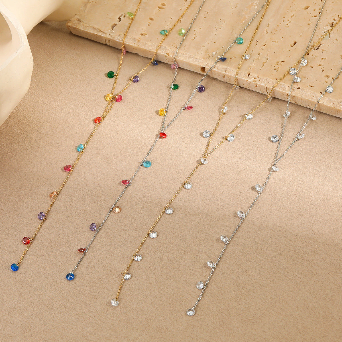 Minimalist Geometric Y-Shaped Stainless Steel Necklace with 18K Gold Plating and Colorful Zircon Accents for Women