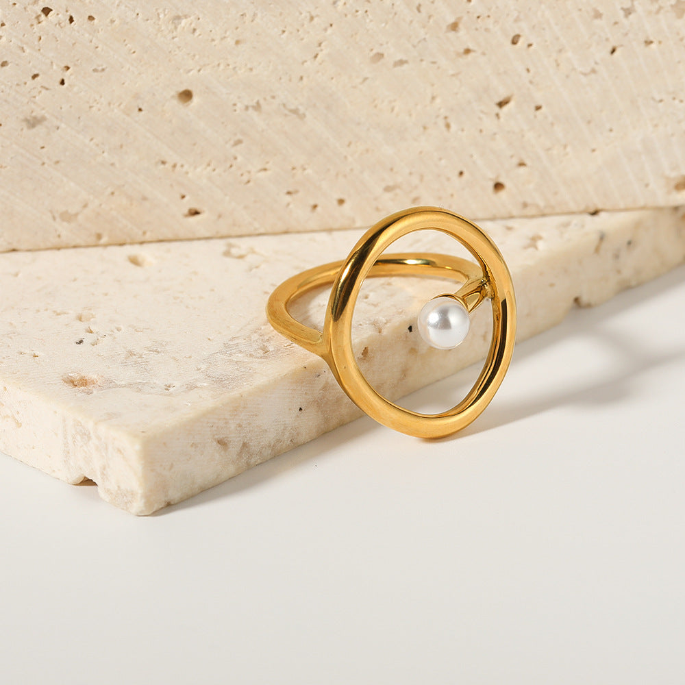 Anello da donna con perle, motivo geometrico, ispirazione vintage, in acciaio inossidabile placcato oro 18 carati