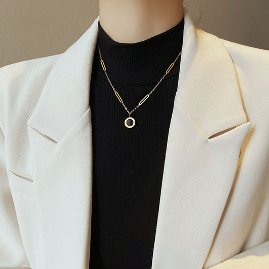 Minimalist U-Shaped Titanium Steel Necklace with 18K Gold Plating, Roman Numeral Pendant, Lightweight Sweater Chain for Women