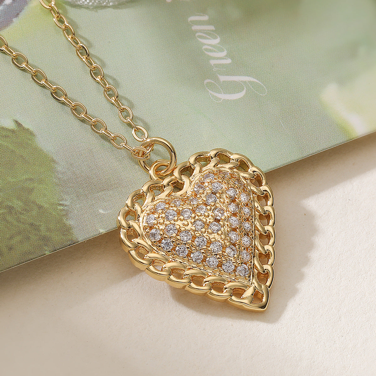 Minimalist 18K Gold Plated Brass Heart Cubic Zirconia Pendant Necklace for Women