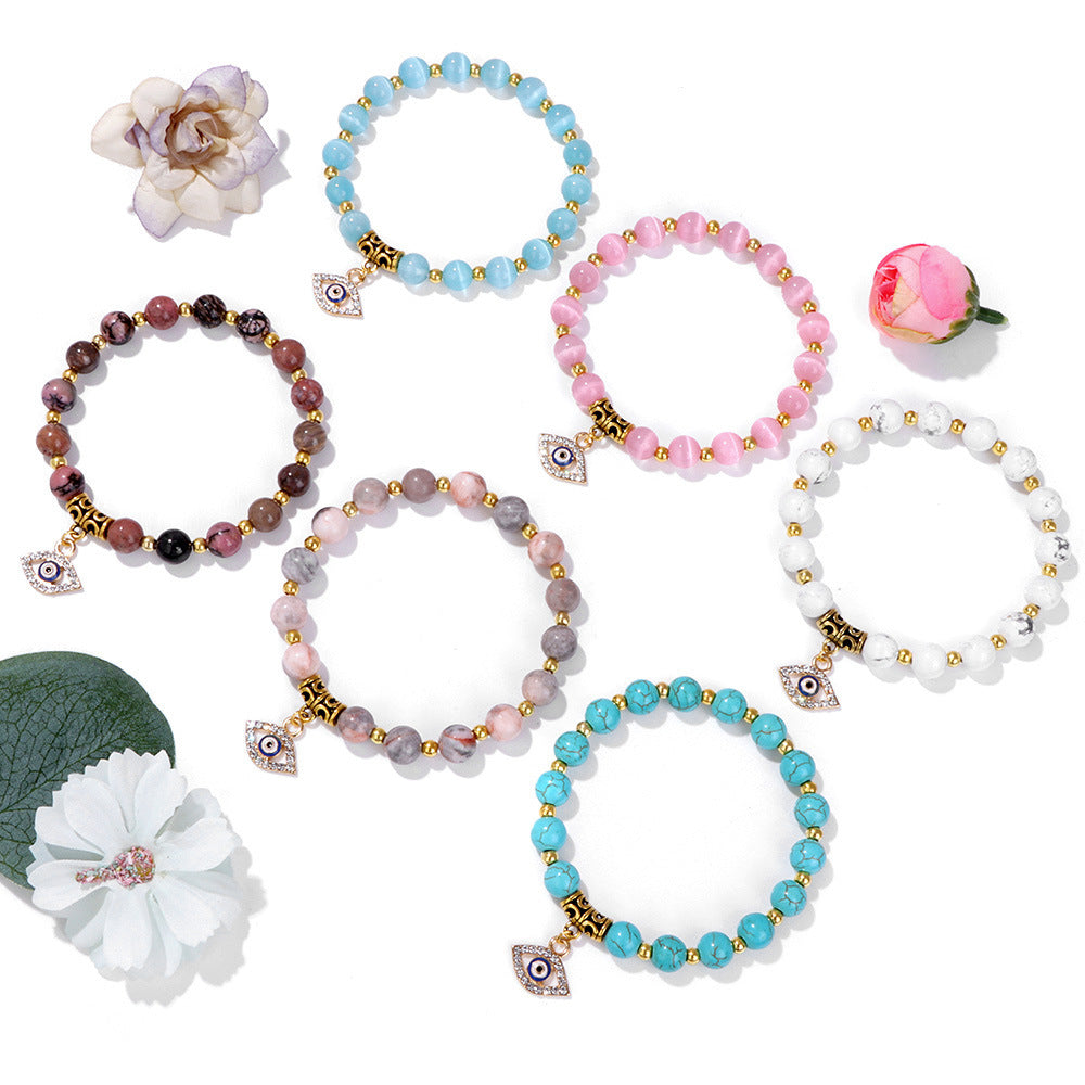 Vintage Minimalist Geometric Agate Beaded Bracelet with Evil Eye Pendant Unisex Jewelry