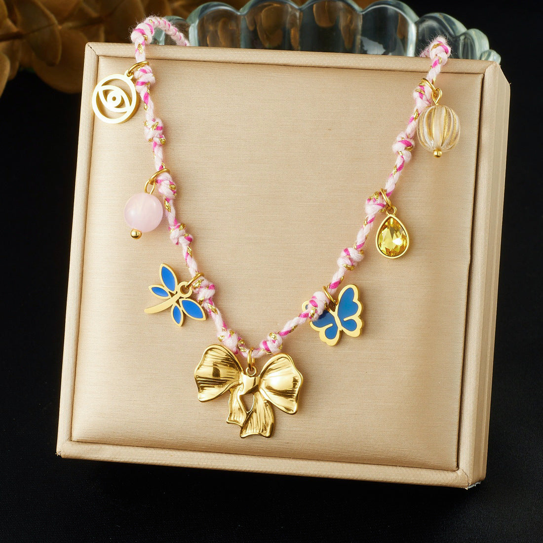 Bohemian Vintage Gold Plated Drip Oil Stainless Steel Bow and Insect Pendant Necklace for Women