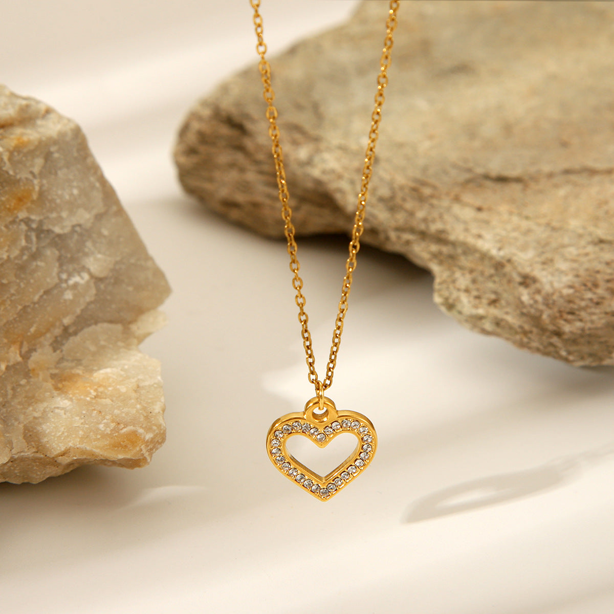 Minimalist Hollow Heart Pendant Necklace for Women Stainless Steel with Zircon Inlay Plated Titanium Steel Chain