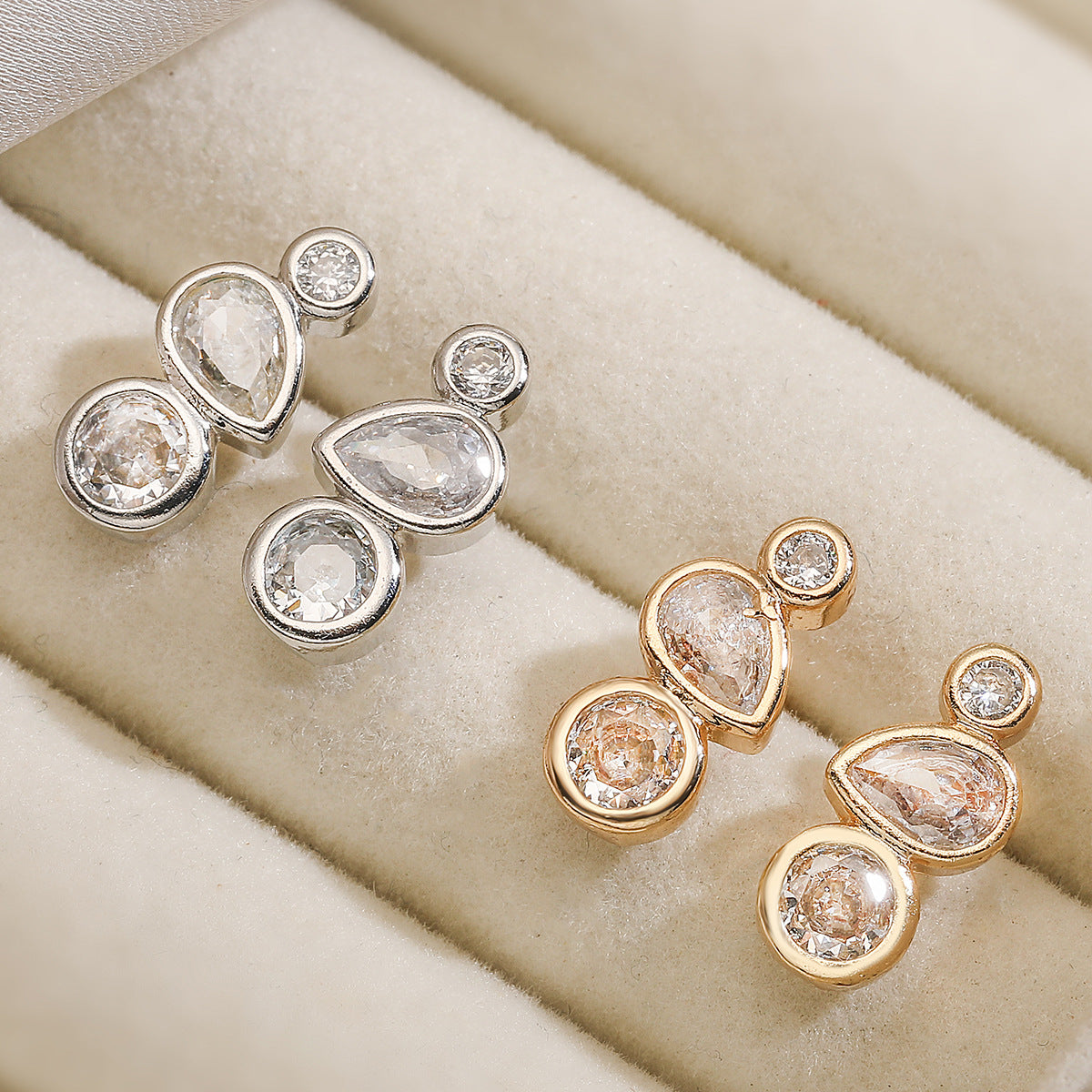 Geometric Asymmetrical Zircon Stud Earrings for Women Made of Copper with Real Gold Plating and Micro-Pavé Setting