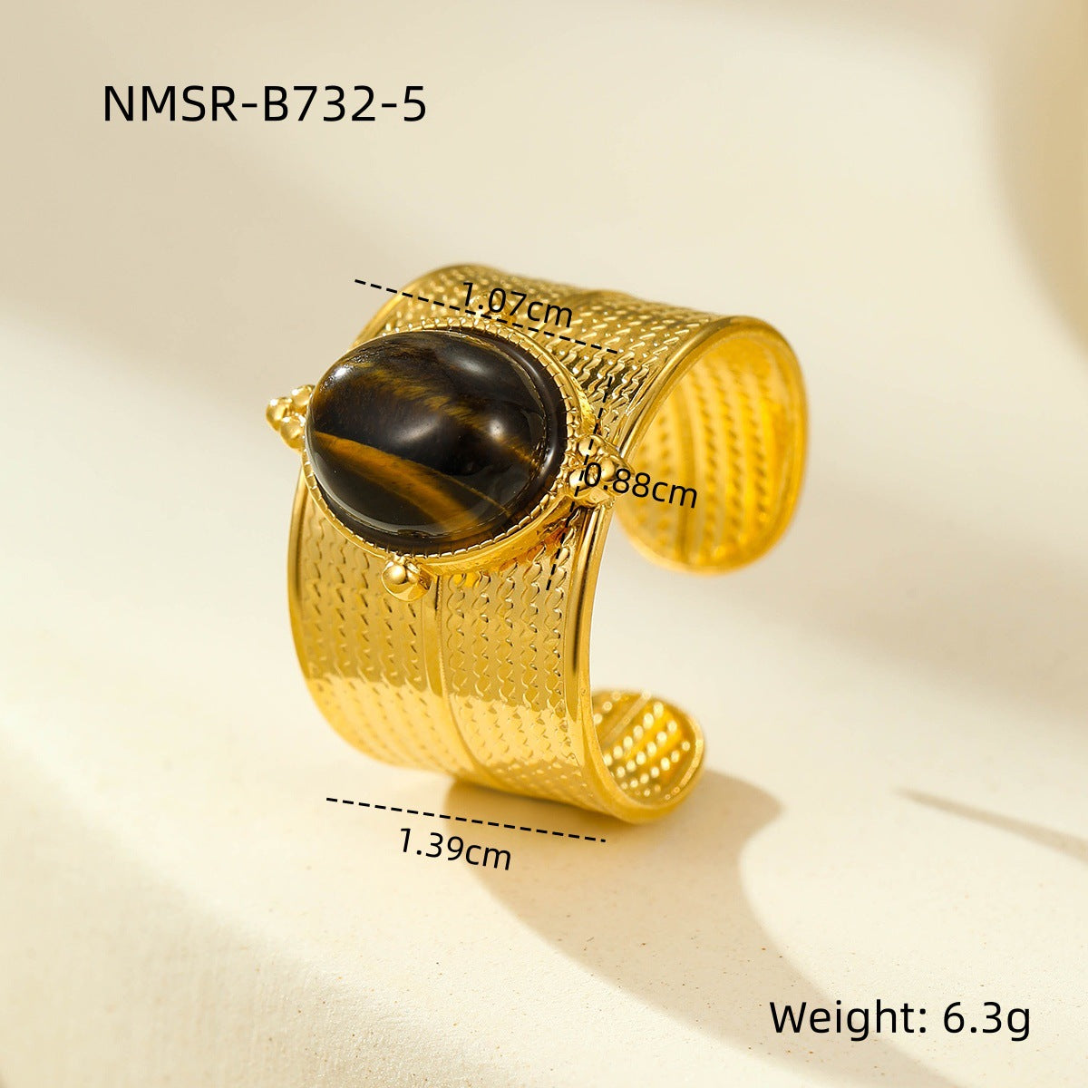 Anello in Acciaio Inossidabile con Motivo Geometrico Stile Vintage Instagram con Intarsio in Pietra Naturale e Placcatura in Oro 18K da Donna
