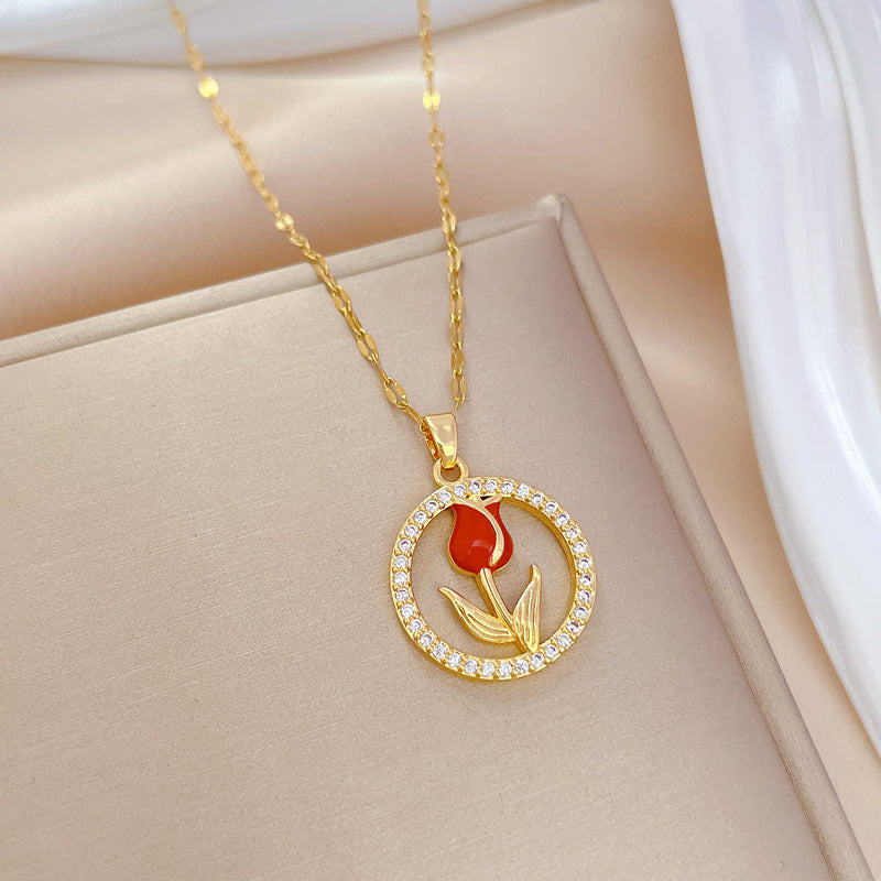 Collana con ciondolo a rosa geometrico floreale, dolce e di lusso, in acciaio al titanio per unisex