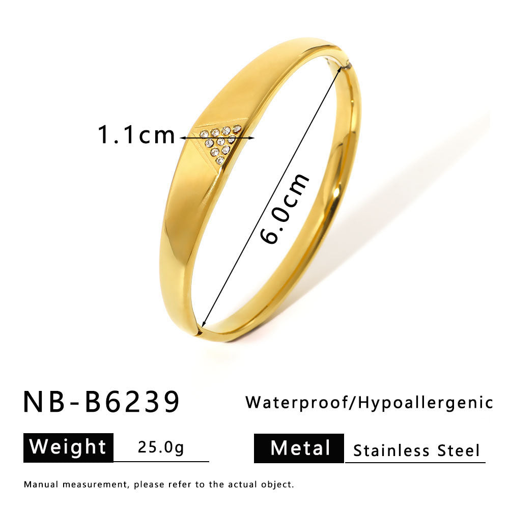 Minimalist INS Style Geometric Scale Pattern Rhinestone Inlaid White Abalone Titanium Steel Bracelet with 18K Gold Plating