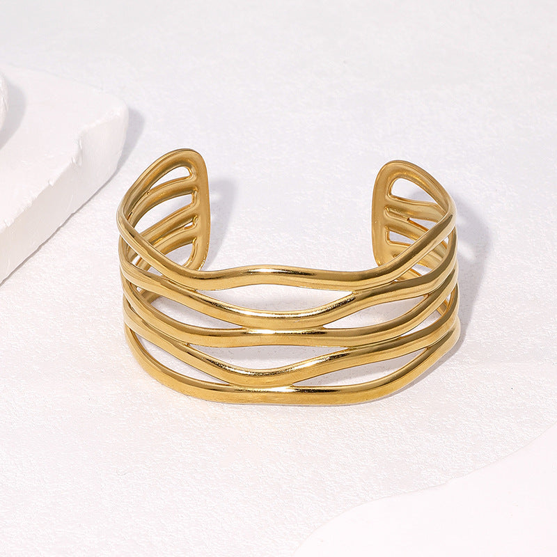 Minimalist Irregular Open Adjustable Stainless Steel Bracelet with 18K Gold Plating