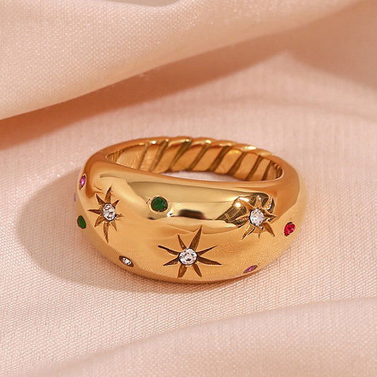 Fashion Geometric Stainless Steel Plated 18K Gold Star Ring with Colorful Rhinestone Inlay for Women